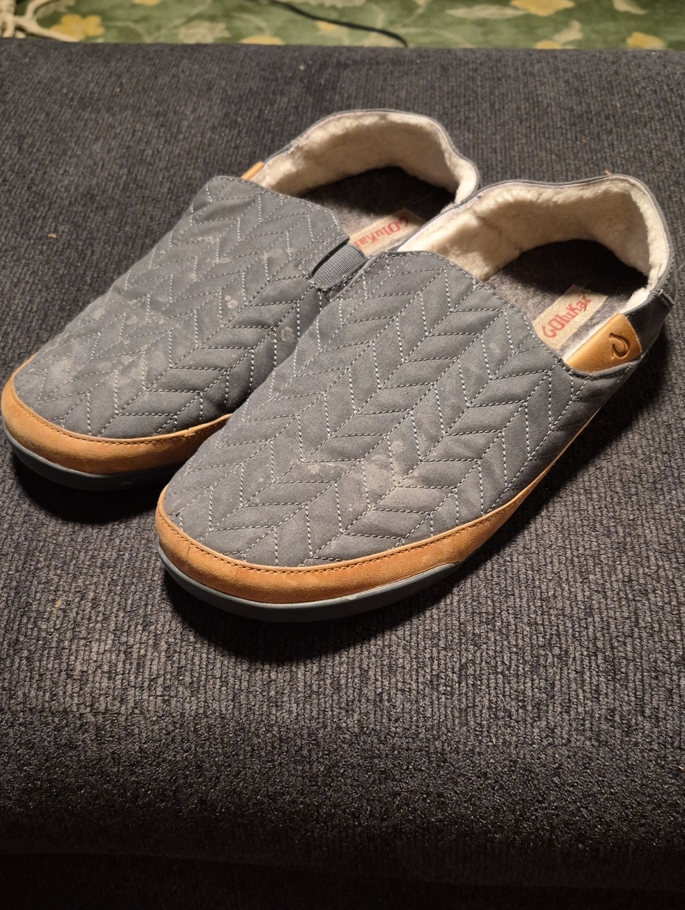 OluKai Quilted Gray Slip-On Loafers with Tan Trim